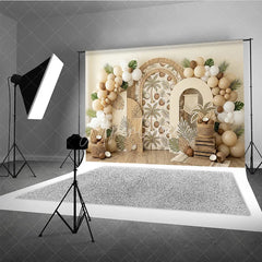 Aperturee - Aperturee Boho Tropical Palm Tree and Coconut Photography Backdrop Arched Design with Neutral Balloons for Party