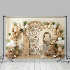 Aperturee - Aperturee Boho Tropical Palm Tree and Coconut Photography Backdrop Arched Design with Neutral Balloons for Party