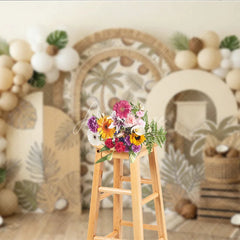 Aperturee - Aperturee Boho Tropical Palm Tree and Coconut Photography Backdrop Arched Design with Neutral Balloons for Party