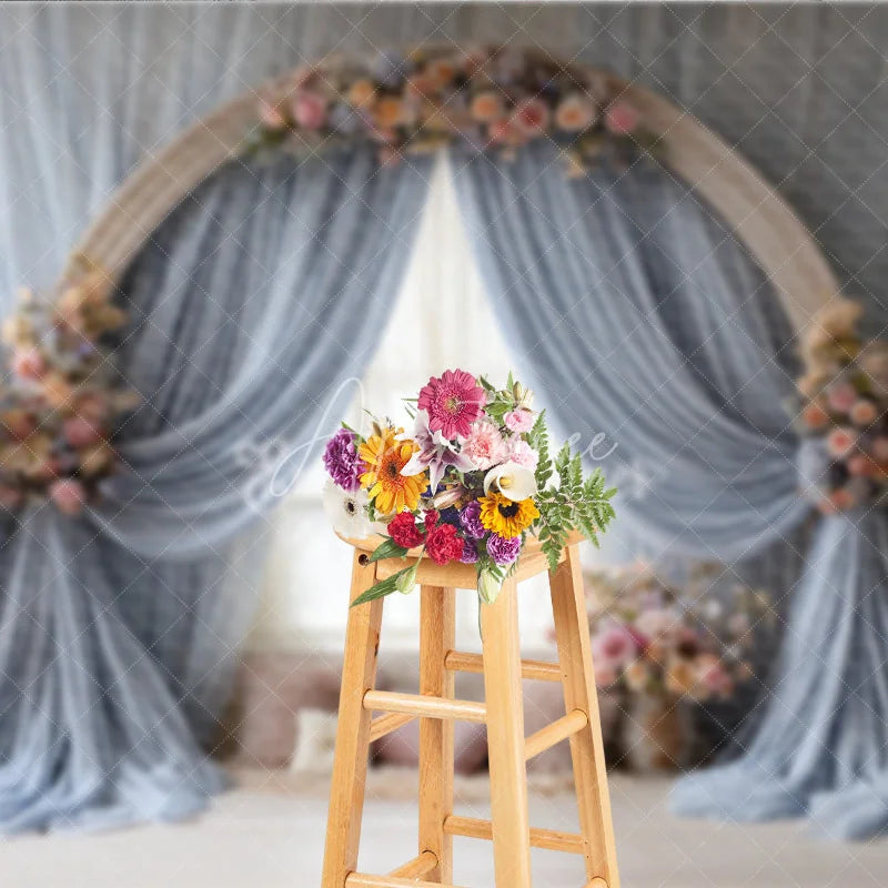 Aperturee - Aperturee Boho Wedding Arch Backdrop Round Wood Arch with Blue Drapes Pink Floral Bridal Shower Photo Prop