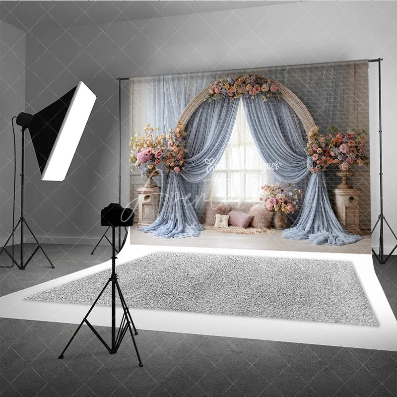 Aperturee - Aperturee Boho Wedding Arch Backdrop Round Wood Arch with Blue Drapes Pink Floral Bridal Shower Photo Prop