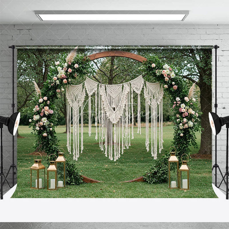 Aperturee - Aperturee Boho Wedding Combo Set Backdrop Wooden Arch Macrame Floral Green Grass Floor Background Bridal Shower Photography