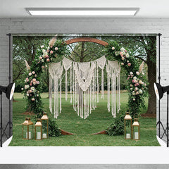 Aperturee - Aperturee Boho Wedding Combo Set Backdrop Wooden Arch Macrame Floral Green Grass Floor Background Bridal Shower Photography