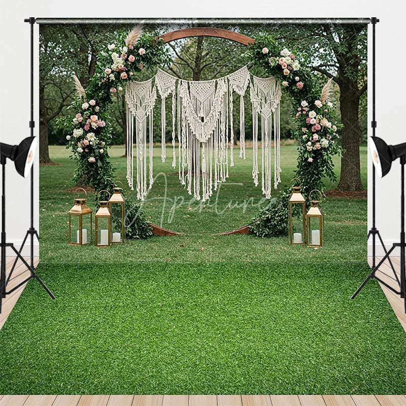 Aperturee - Aperturee Boho Wedding Combo Set Backdrop Wooden Arch Macrame Floral Green Grass Floor Background Bridal Shower Photography