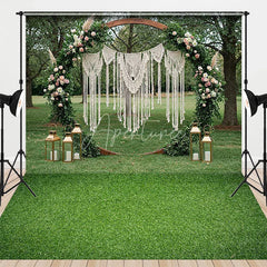 Aperturee - Aperturee Boho Wedding Combo Set Backdrop Wooden Arch Macrame Floral Green Grass Floor Background Bridal Shower Photography