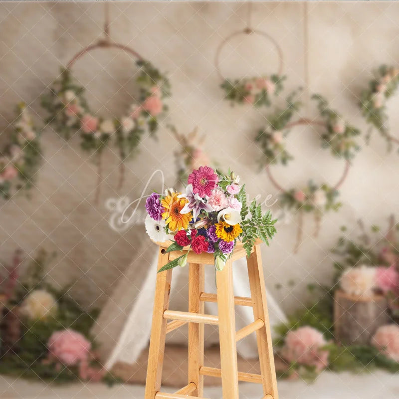Aperturee - Aperturee Boho Wedding Photography Backdrop Lace Teepee with Floral Hoops Rustic Chic Party Photo Booth Background