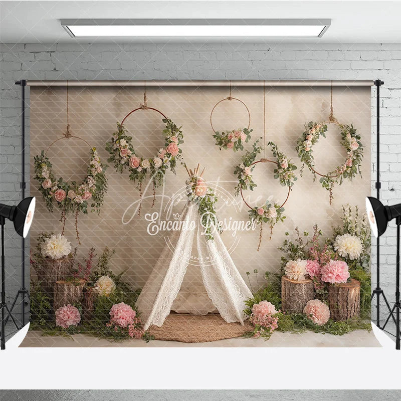 Aperturee - Aperturee Boho Wedding Photography Backdrop Lace Teepee with Floral Hoops Rustic Chic Party Photo Booth Background