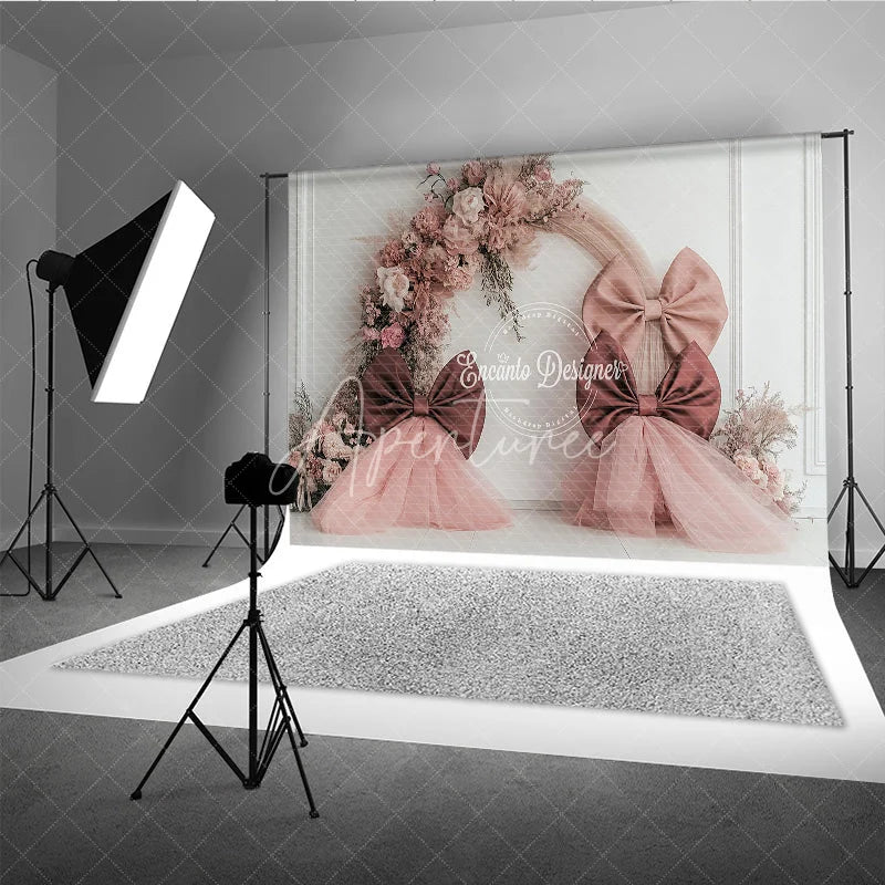 Aperturee - Aperturee Boho Wedding Photography Backdrop with Large Bows Pink Dried Floral Arch Modern Bridal Shower Photo Booth