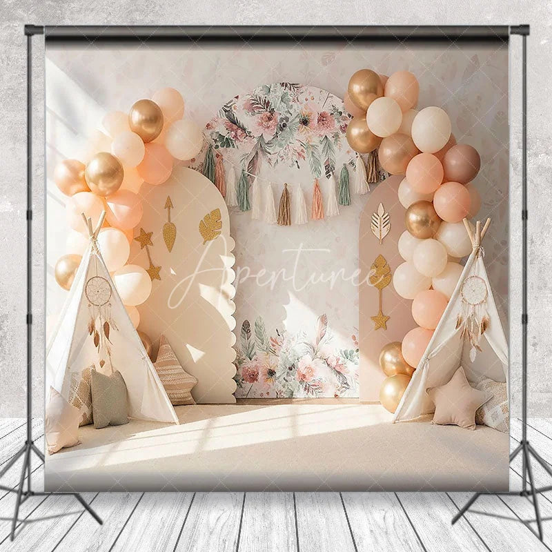 Aperturee - Aperturee Boho Wild One Arch Backdrop Peach Balloon and Teepee Tent Tribal Photography Background for First Birthday