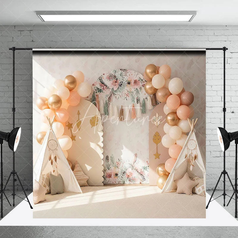 Aperturee - Aperturee Boho Wild One Arch Backdrop Peach Balloon and Teepee Tent Tribal Photography Background for First Birthday