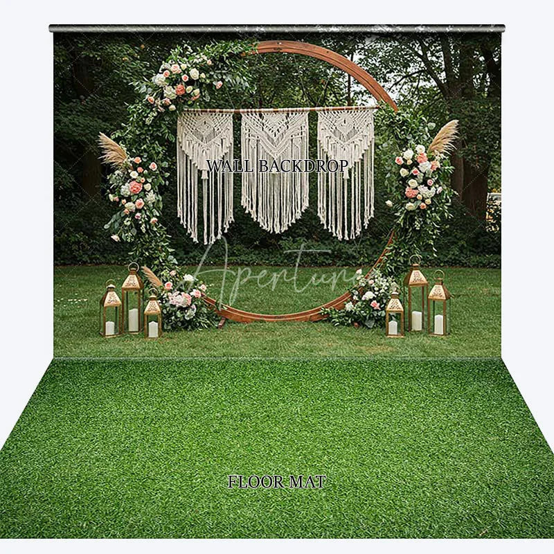 Aperturee - Aperturee Boho Wooden Arch Macrame Floral Combo Set Backdrop featuring Green Grass Floor and Golden Lanterns for Events