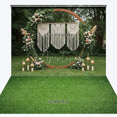 Aperturee - Aperturee Boho Wooden Arch Macrame Floral Combo Set Backdrop featuring Green Grass Floor and Golden Lanterns for Events
