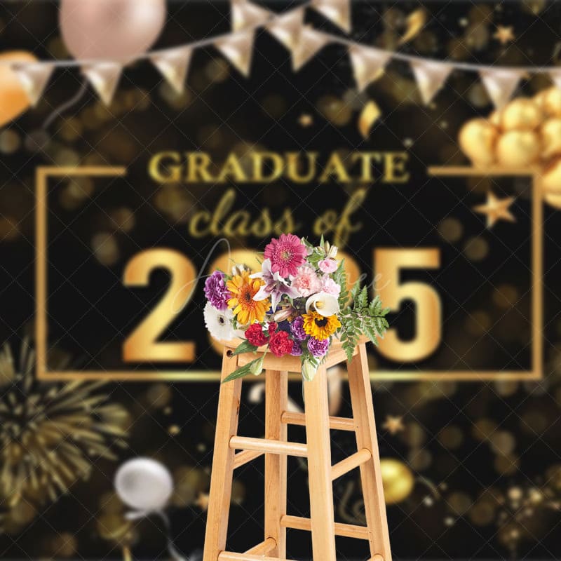 Aperturee - Aperturee Bokeh Black Gold Balloons Cheers Graduation Backdrop