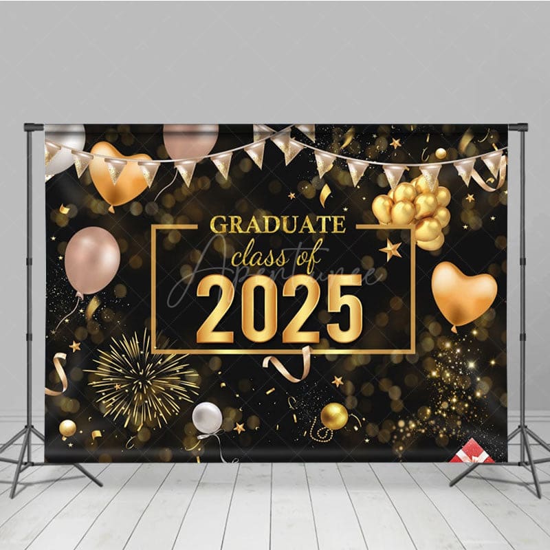 Aperturee - Aperturee Bokeh Black Gold Balloons Cheers Graduation Backdrop