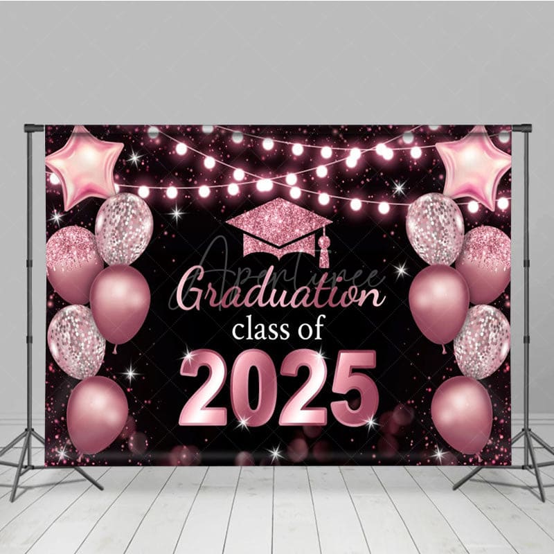 Aperturee - Aperturee Bokeh Black Pink Balloon Glitter Graduation Backdrop