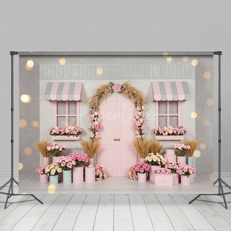 Aperturee - Aperturee Bokeh Grey Pink Flower Shop Romantic Photo Backdrop