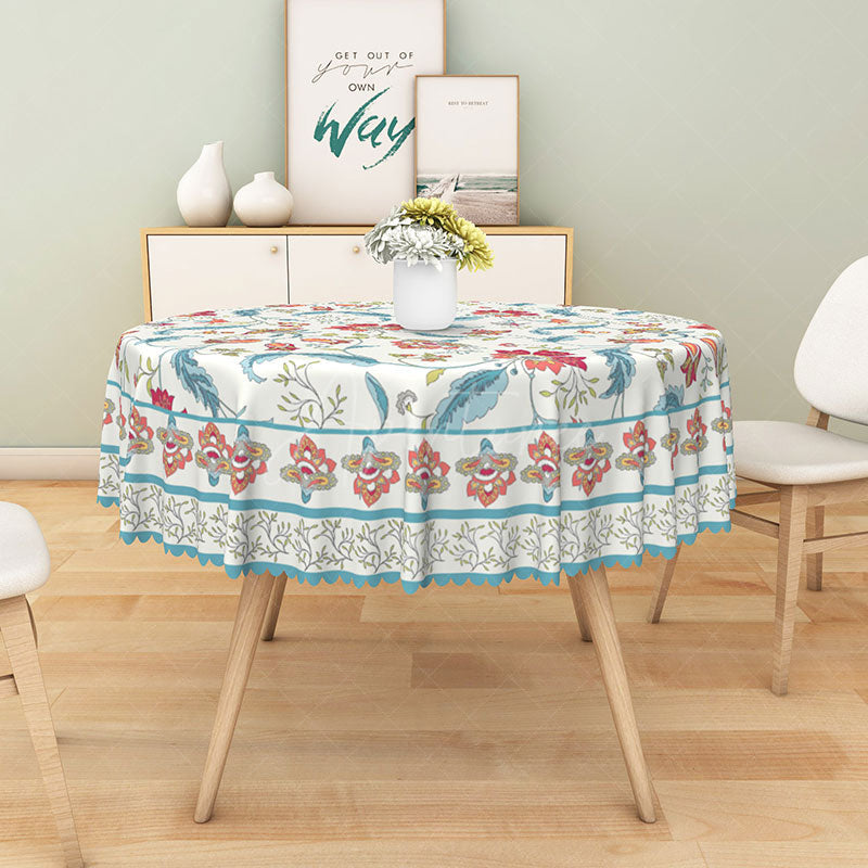 Aperturee - Aperturee Botanical Round Tablecloth with Red Flowers and Blue Leaves for Patriotic Floral and Summer Decor