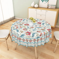 Aperturee - Aperturee Botanical Round Tablecloth with Red Flowers and Blue Leaves for Patriotic Floral and Summer Decor