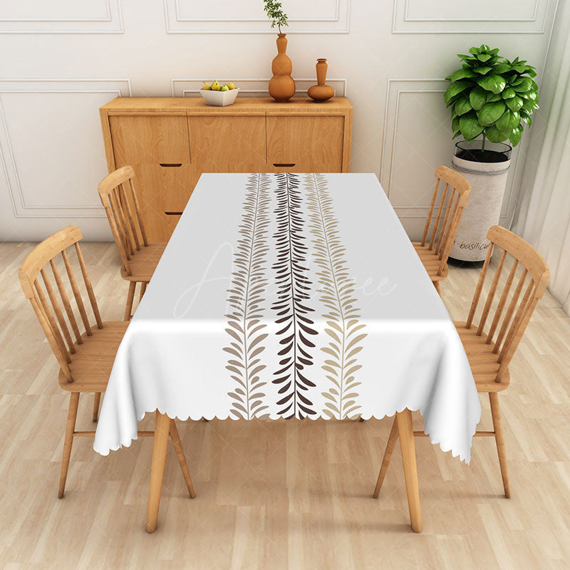 Aperturee - Aperturee Botanical Stripe Rectangle Tablecloth with White Brown and Green Leaves for Modern Farmhouse Decor