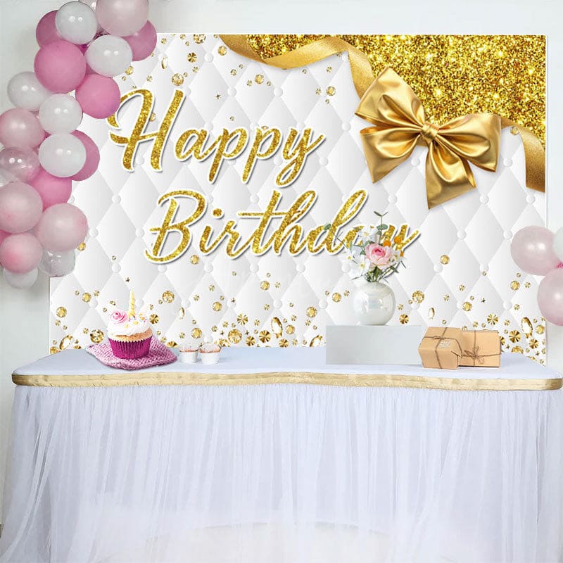 Aperturee - Aperturee Bow Glitter Gold White Vibe Happy Birthday Backdrop