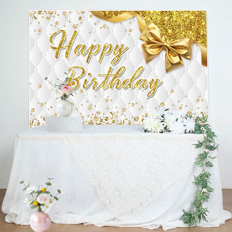 Aperturee - Aperturee Bow Glitter Gold White Vibe Happy Birthday Backdrop