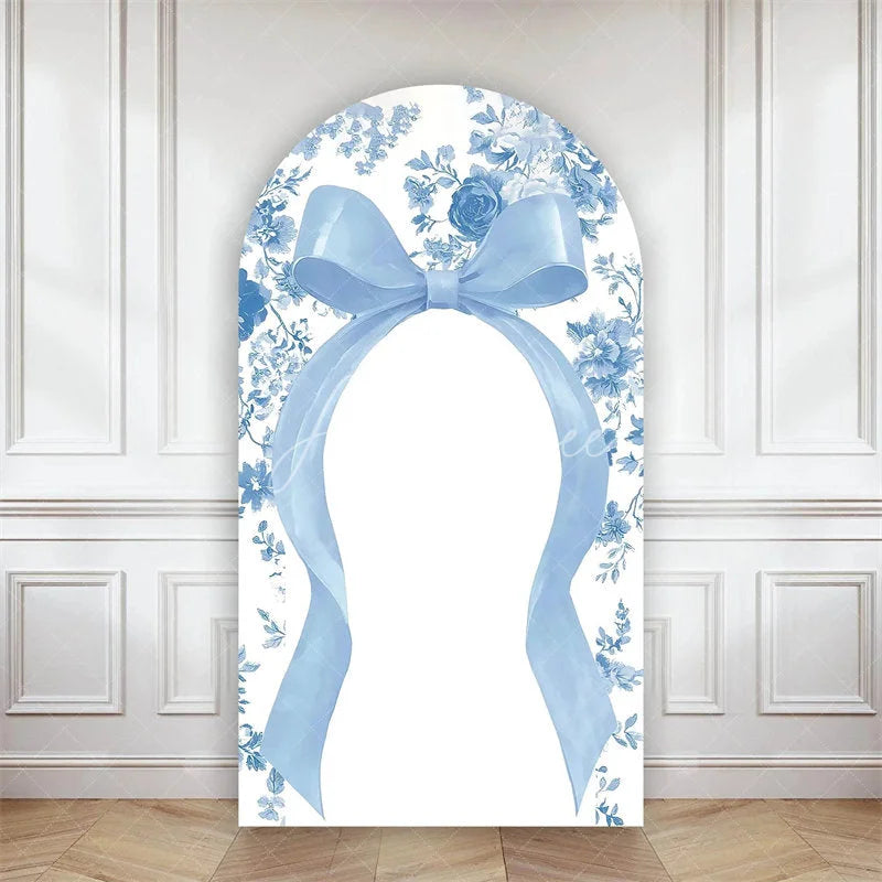 Aperturee - Aperturee Bow with Chinoiserie Floral Arch Backdrop Something Blue Elegant Wedding or Baby Shower Decor