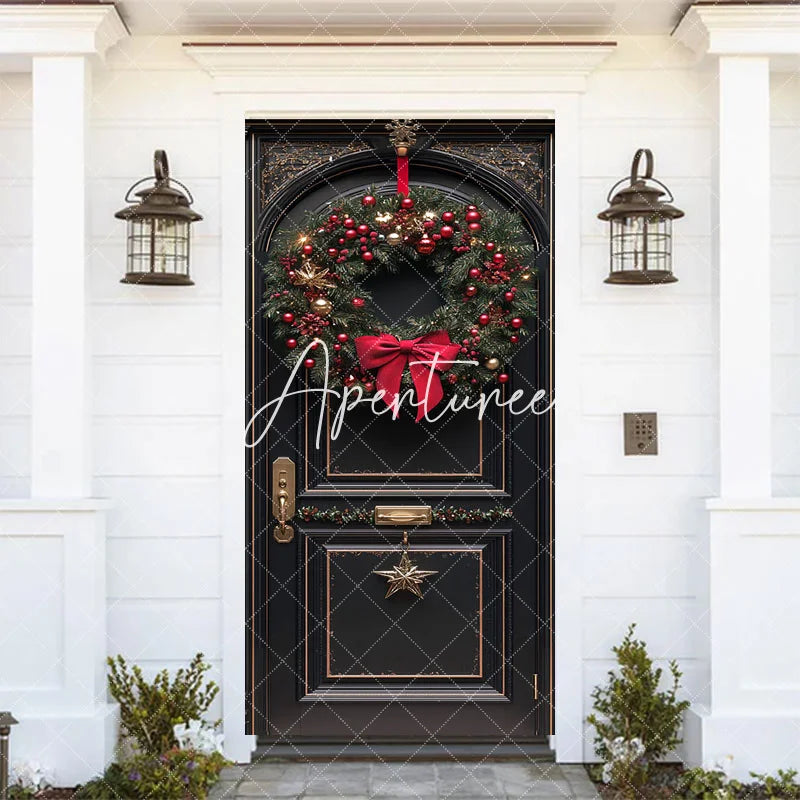 Aperturee - Aperturee Bowknot Red Cherry Wreath Black Christmas Door Cover