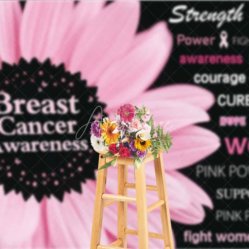Aperturee - Aperturee Breast Cancer Awareness Backdrop with Pink Flower Strength Hope and Power Women’s Health Event Decor