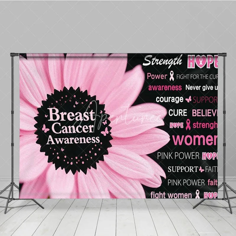 Aperturee - Aperturee Breast Cancer Awareness Backdrop with Pink Flower Strength Hope and Power Women’s Health Event Decor