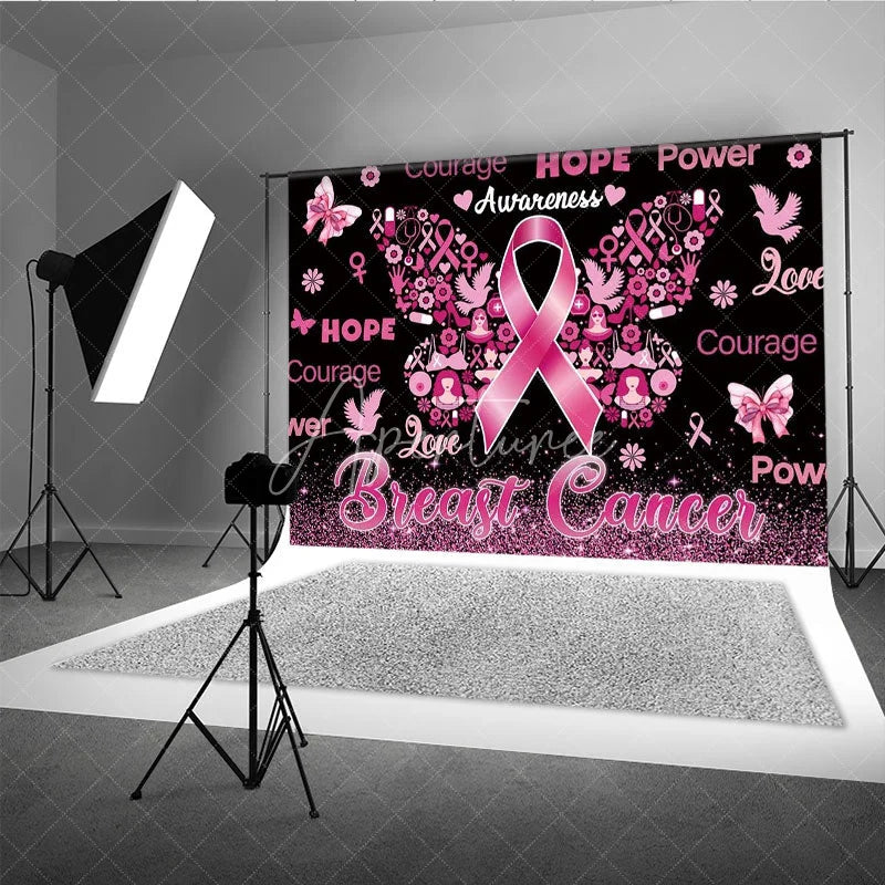 Aperturee - Aperturee Breast Cancer Awareness Backdrop with Pink Ribbon Butterfly Hope Faith Courage Support for Fundraiser Event
