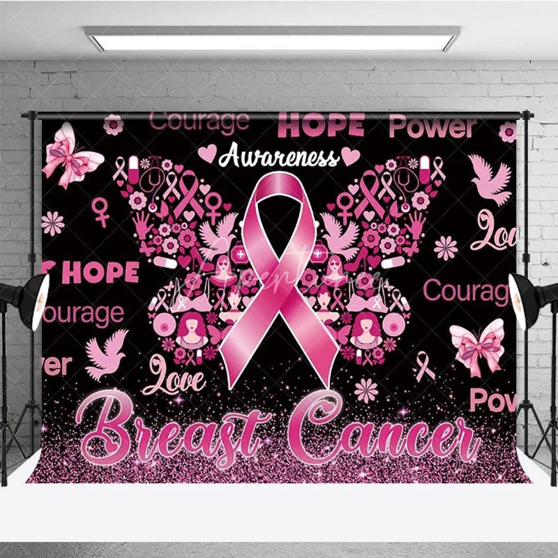 Aperturee - Aperturee Breast Cancer Awareness Backdrop with Pink Ribbon Butterfly Hope Faith Courage Support for Fundraiser Event