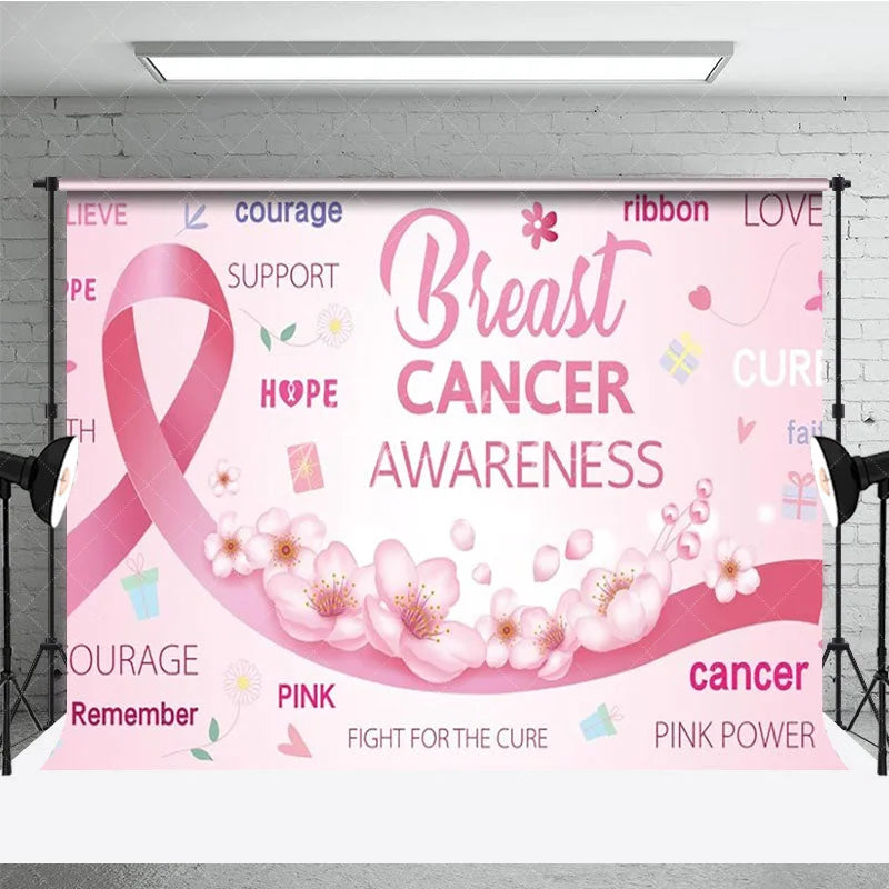 Aperturee - Aperturee Breast Cancer Awareness Backdrop with Pink Ribbon Hope Faith and Courage Support for Fundraiser Event Decor