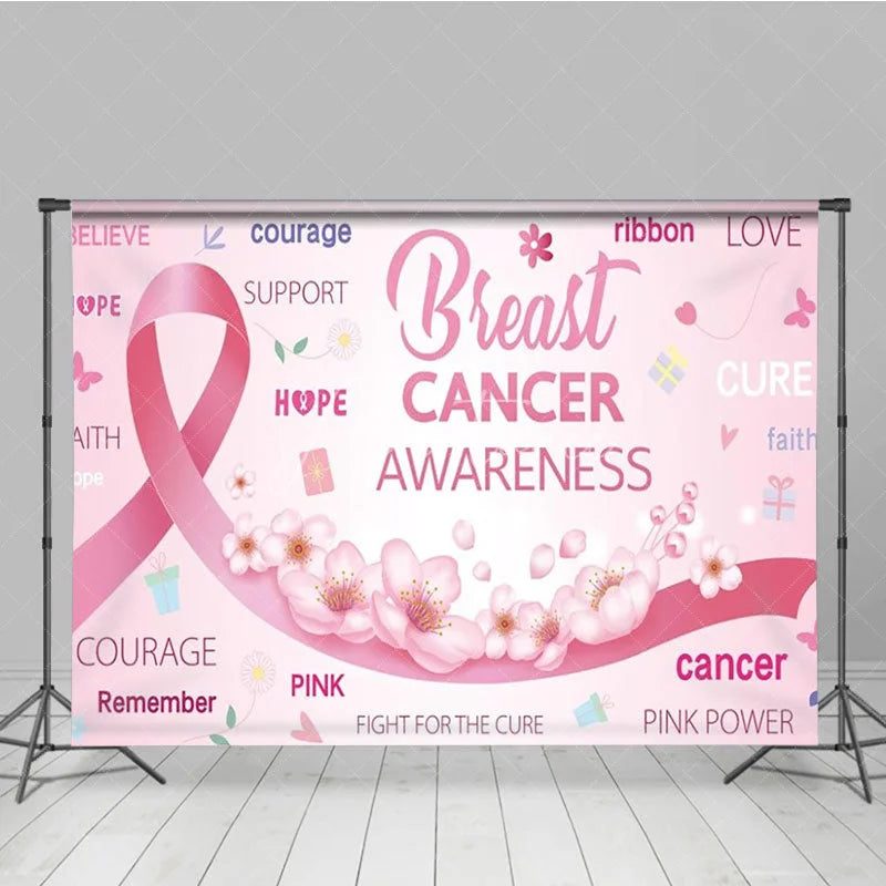 Aperturee - Aperturee Breast Cancer Awareness Backdrop with Pink Ribbon Hope Faith and Courage Support for Fundraiser Event Decor