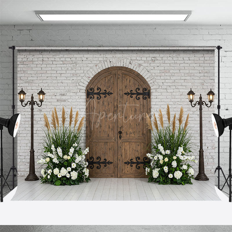 Aperturee - Aperturee Bricks Wall Floral Plant Wooden Door Photo Backdrop