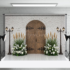 Aperturee - Aperturee Bricks Wall Floral Plant Wooden Door Photo Backdrop