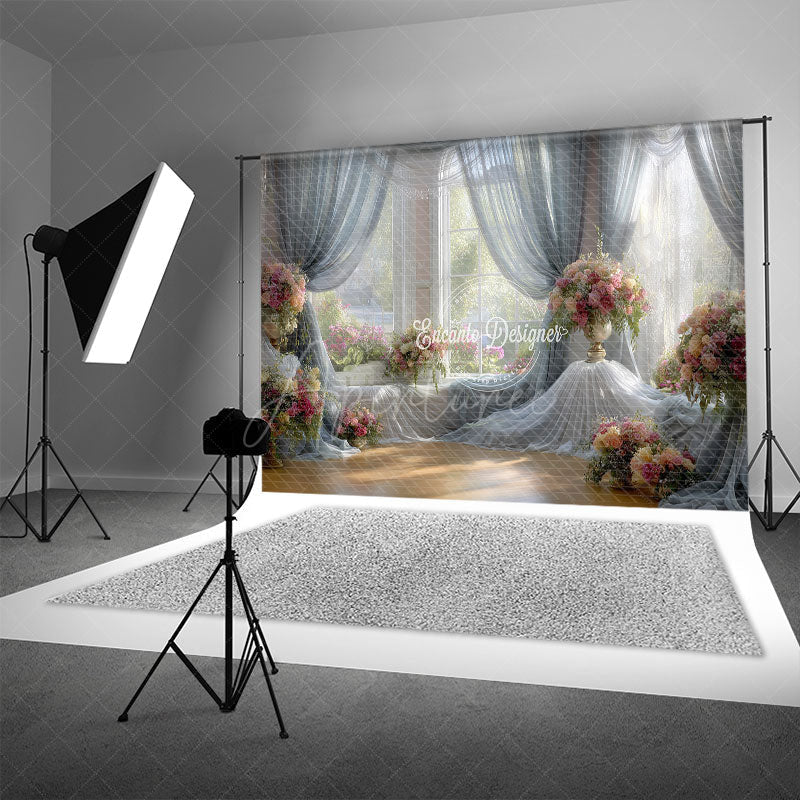 Aperturee - Aperturee Bright and Airy Ballroom Photography Backdrop Sheer Drapes with Pink Floral Romantic Wedding Background