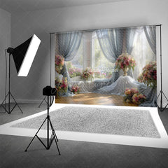 Aperturee - Aperturee Bright and Airy Ballroom Photography Backdrop Sheer Drapes with Pink Floral Romantic Wedding Background