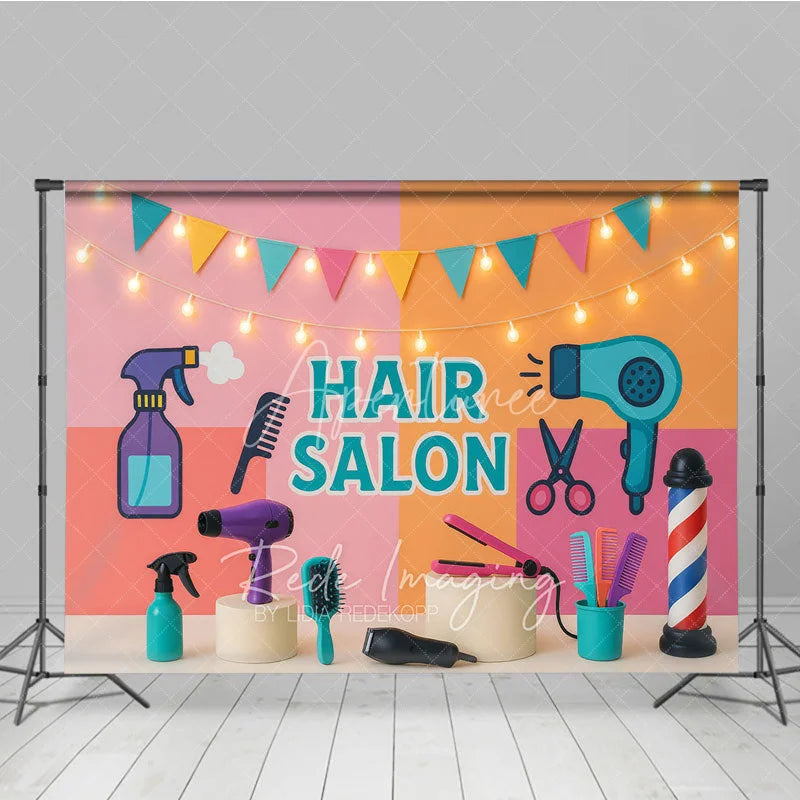 Aperturee - Aperturee Bright Cartoon Hair Salon and Stylist Photo Backdrop Colorful Birthday Cake Smash Background