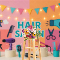 Aperturee - Aperturee Bright Cartoon Hair Salon and Stylist Photo Backdrop Colorful Birthday Cake Smash Background