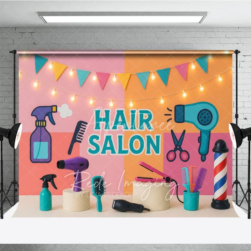 Aperturee - Aperturee Bright Cartoon Hair Salon and Stylist Photo Backdrop Colorful Birthday Cake Smash Background