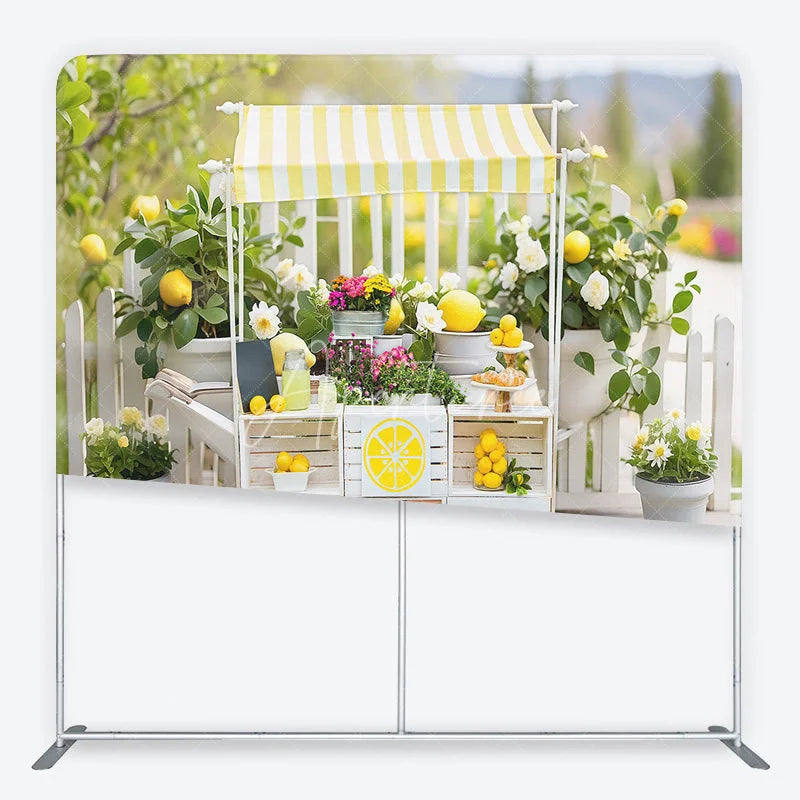 Aperturee - Aperturee Bright Yellow and White Striped Lemonade Stand Square Double-Sided Backdrop Fresh Summer Market Decor