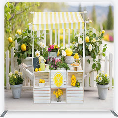 Aperturee - Aperturee Bright Yellow and White Striped Lemonade Stand Square Double-Sided Backdrop Fresh Summer Market Decor