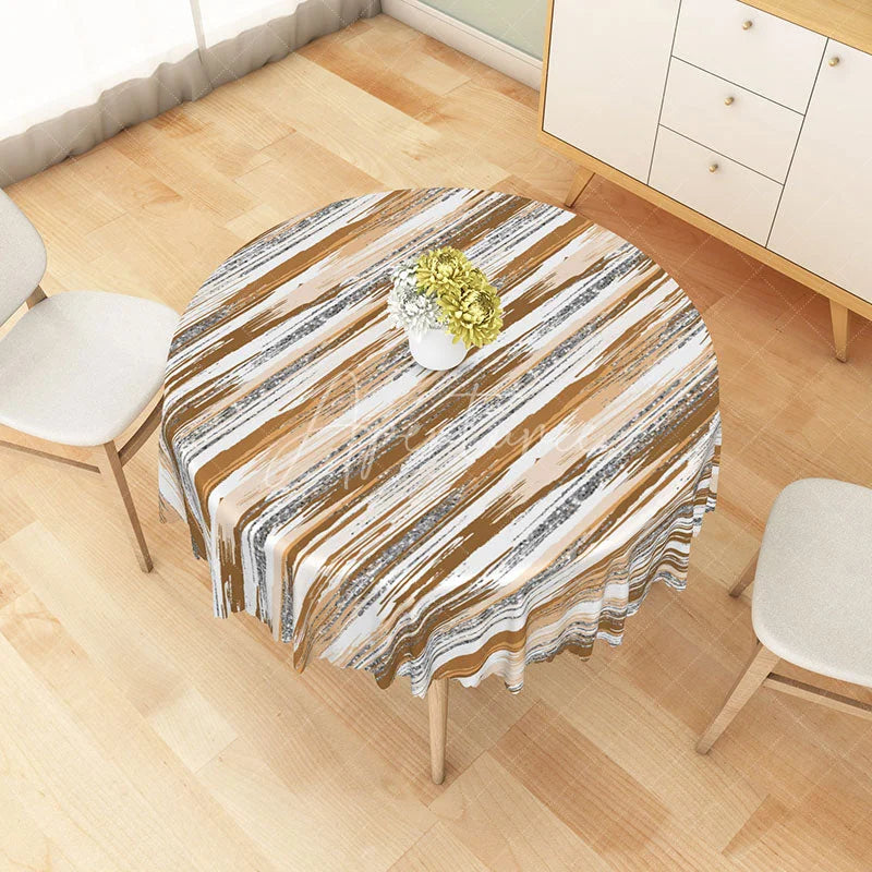 Aperturee - Aperturee Brown Abstract Brushstroke Stripe Round Tablecloth for Modern Earth Tone and Rustic Dining Table Decor