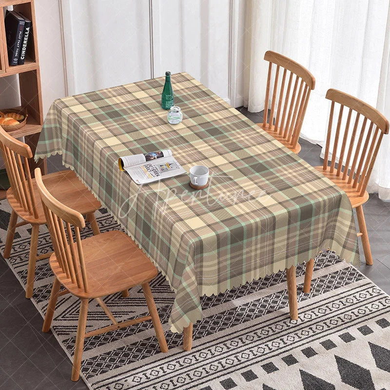 Aperturee - Aperturee Brown and Beige Plaid Rectangle Tablecloth Classic Earth Tone Tartan Rustic Farmhouse Kitchen Dining Decor