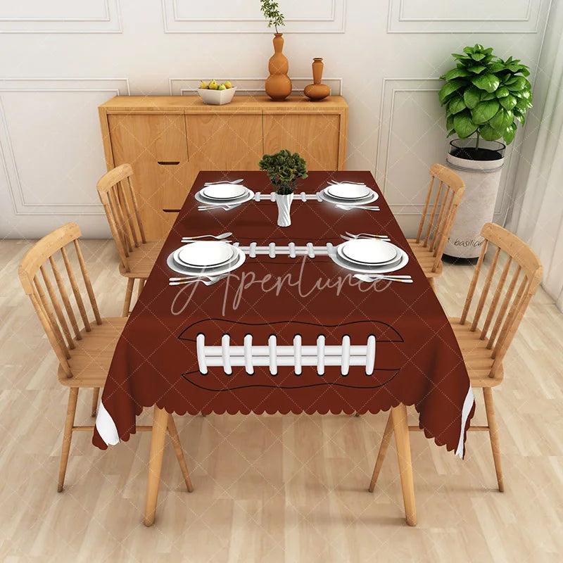 Aperturee - Aperturee Brown Football Lacing Rectangle Tablecloth with Scalloped Edge Sports Game Day Party Decor for Fans