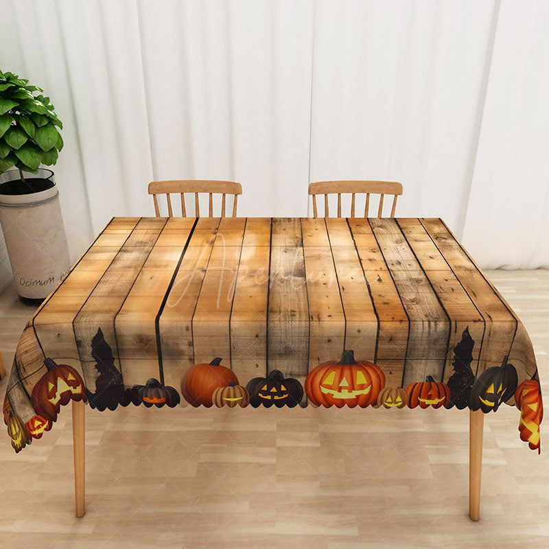 Aperturee - Aperturee Brown Halloween Rectangle Tablecloth with Jack O’ Lantern Pattern for Rustic and Spooky Farmhouse Decor