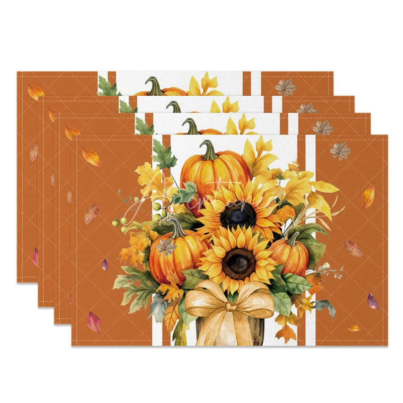 Aperturee - Aperturee Brown Pumpkin and Sunflower with Bow Set of 4 Placemats for Rustic Autumn and Thanksgiving Decor
