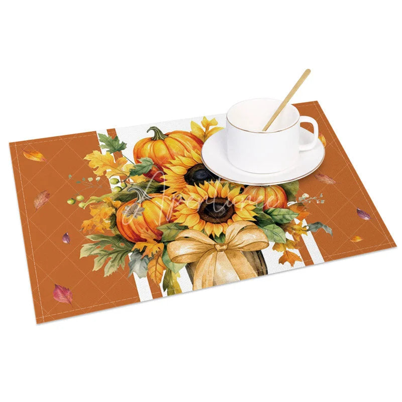 Aperturee - Aperturee Brown Pumpkin and Sunflower with Bow Set of 4 Placemats for Rustic Autumn and Thanksgiving Decor