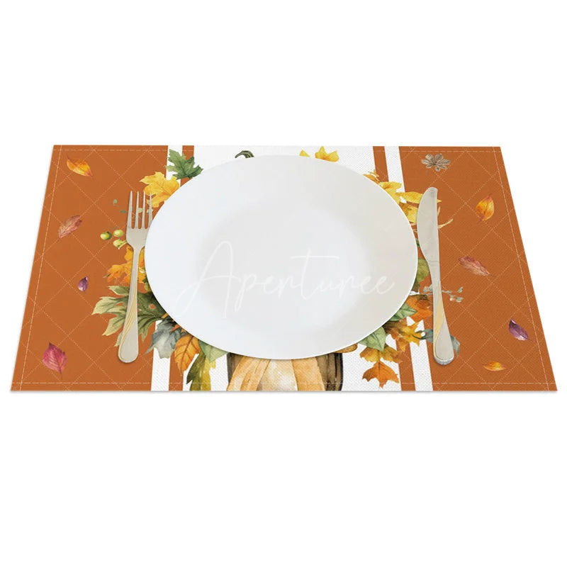 Aperturee - Aperturee Brown Pumpkin and Sunflower with Bow Set of 4 Placemats for Rustic Autumn and Thanksgiving Decor