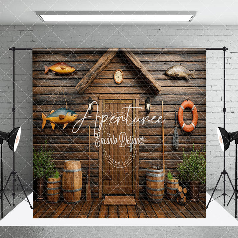 Aperturee - Aperturee Brown Retro Wooden Fishing Cabin Room Set Backdrop